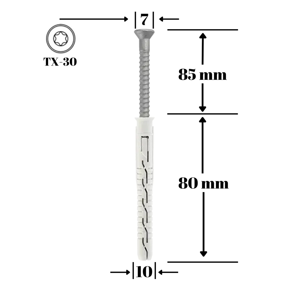 Diblu cu surub cap inecat TX30, 10x80/7x85 mm,  50 buc/cutie - KLIMAS Wrek-met