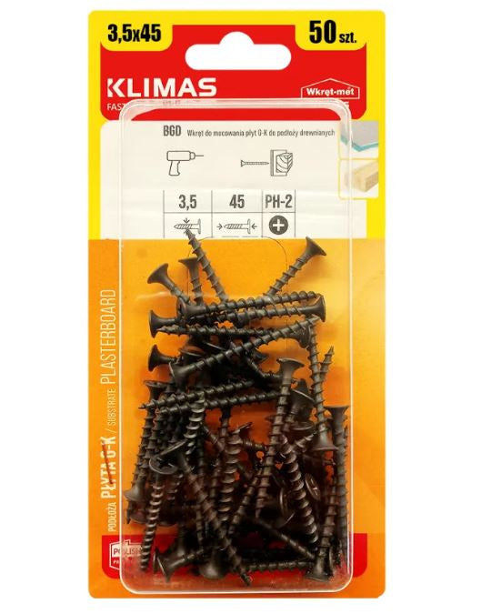 Surub pentru fixarea placilor de gips-carton pe suporturi din lemn, FT 3.5x45mm 50 bucati/blister - BGD-35045, Klimas Wkret-met