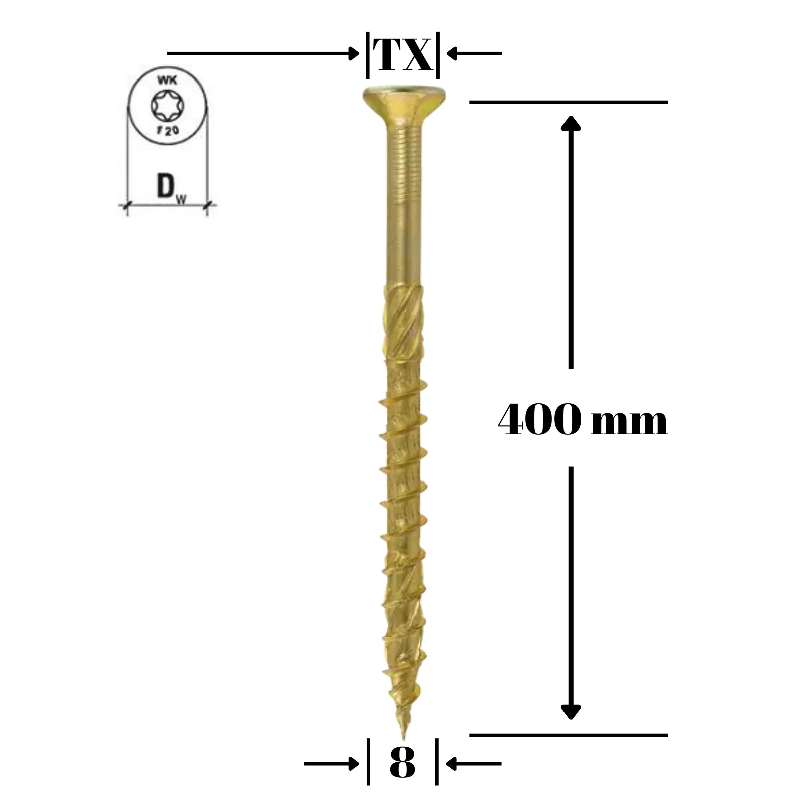 Surub pentru lemn TORX 8x400mm (50buc/cut) - WKCS-08400(50), Klimas Wkret-met
