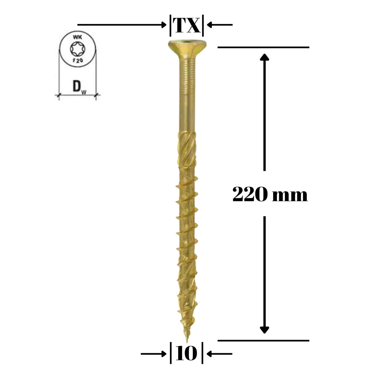 Surub dulgherie lemn, cap inecat, TORX TX40, 10x220 mm - 25 bucati/cutie - WKCS-10220, Klimas Wkret-met