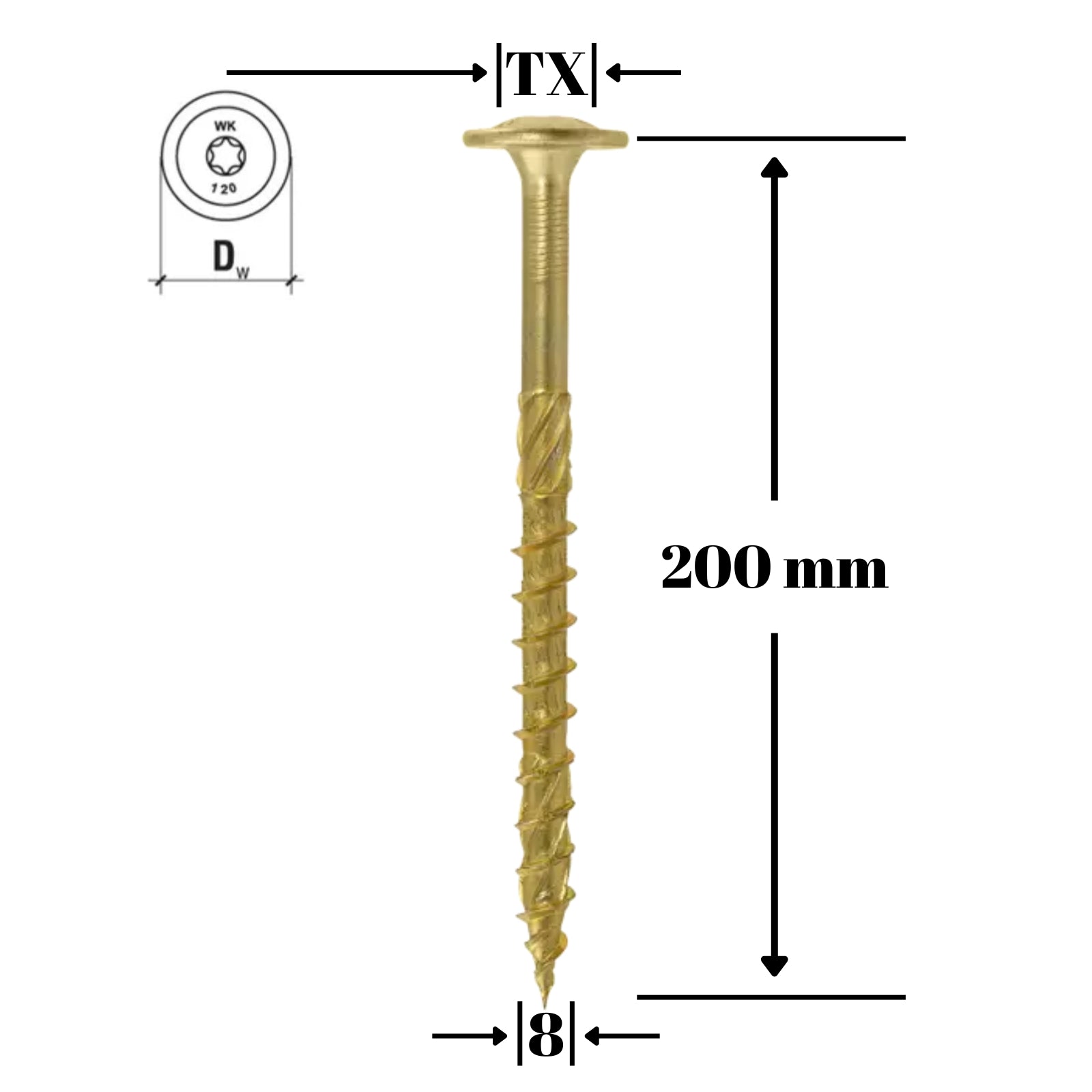 Surub pentru lemn cu saiba, TORX 8x200mm - WKCP-08200, Klimas Wkret-met